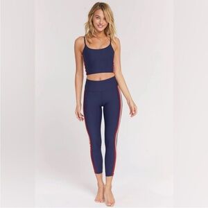 Spiritual Gangster Navy Blue Activewear Set with Red and White Stripes